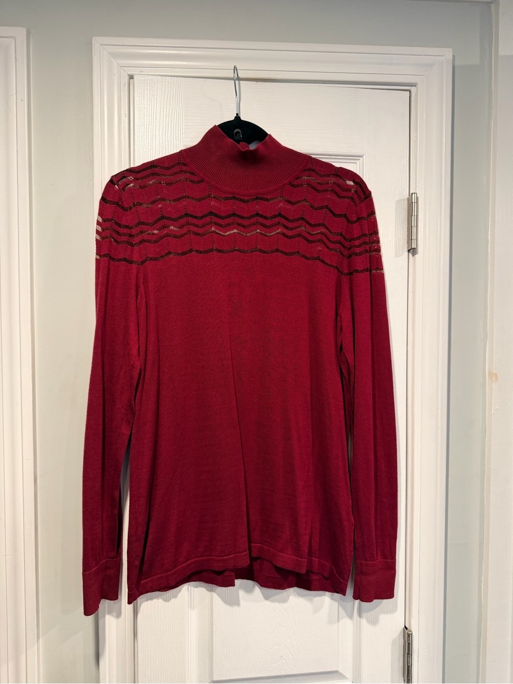 August Silk Heritage Size L Burgundy Mock Neck Knit Sweater Sheer Stripe Yoke